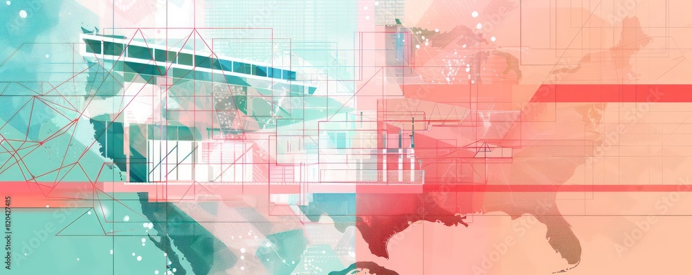 abstract background with geometrical architectural and usa map elements in pastel colors
