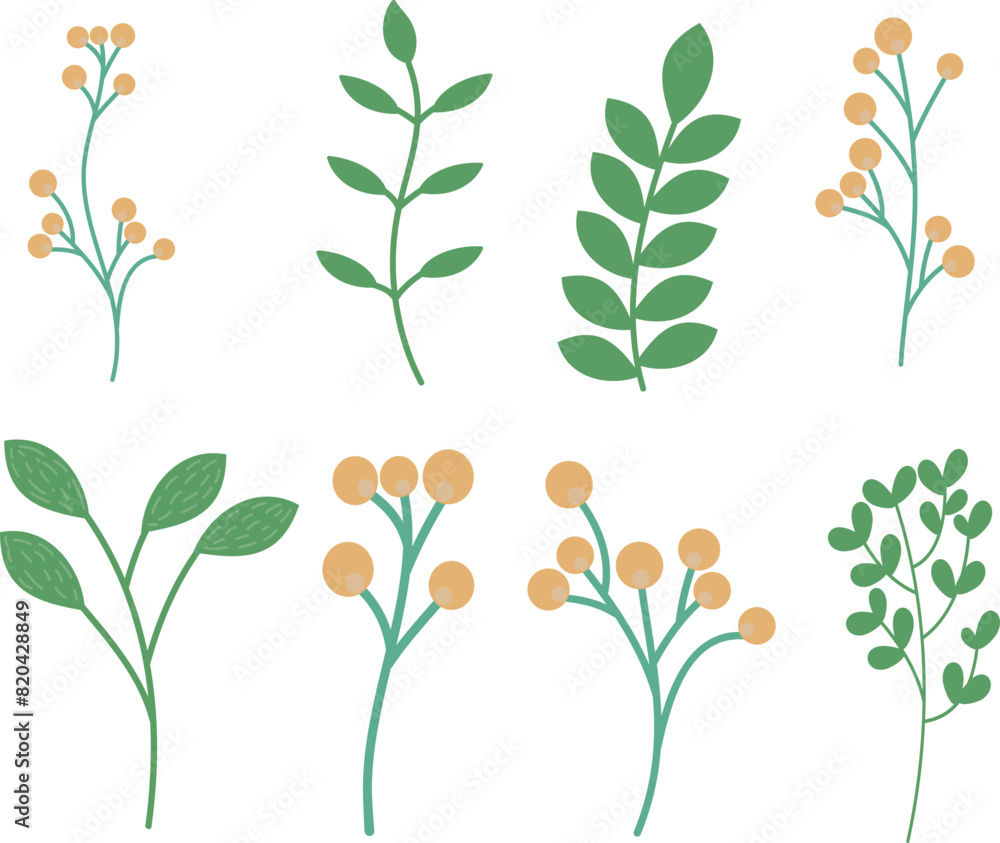 Set of flowers and leaves. Vector illustration on a transparent background. Set of flowers and leaves. Vector illustration on a transparent background.
