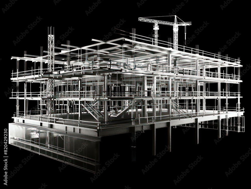 blueprint of a building construction site on a dark background 
