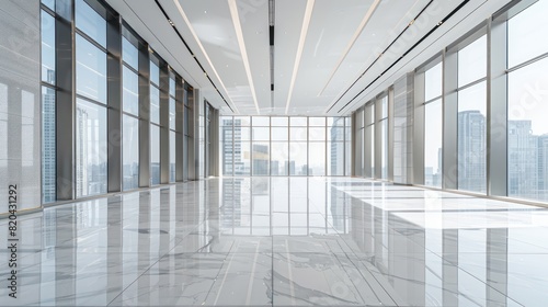commercial office building empty interior with white marble floor  very clean and minimal look 