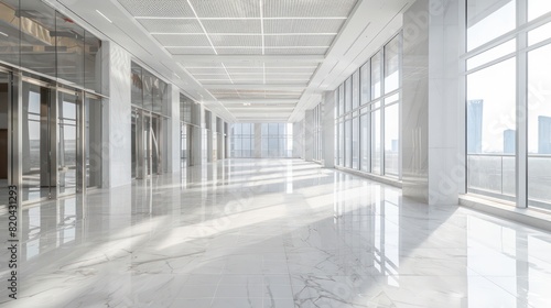 commercial office building empty interior with white marble floor  very clean and minimal look 