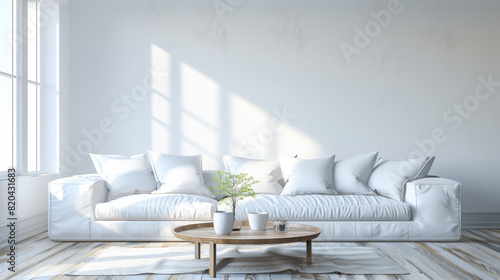 A white couch sits in a room with a window and a coffee table photo