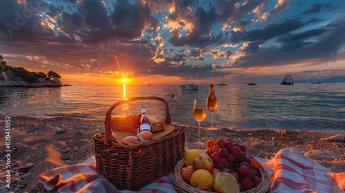 A Picnic basket with food and wine on the beach at sunset