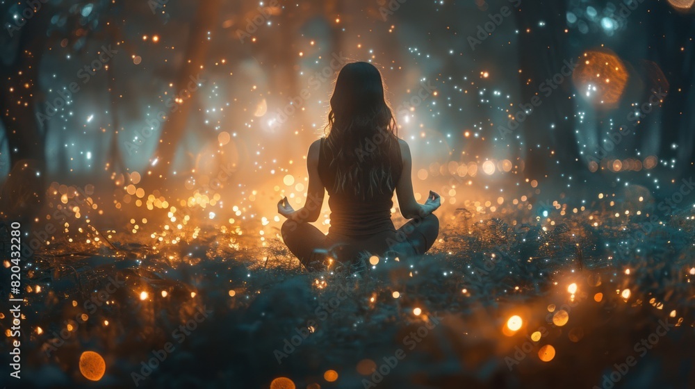 Women practice yoga meditation in nature, reaching mindfulness, spiritual awareness and nirvana. Women practice yoga meditation in nature, reaching mindfulness, spiritual awareness and nirvana.