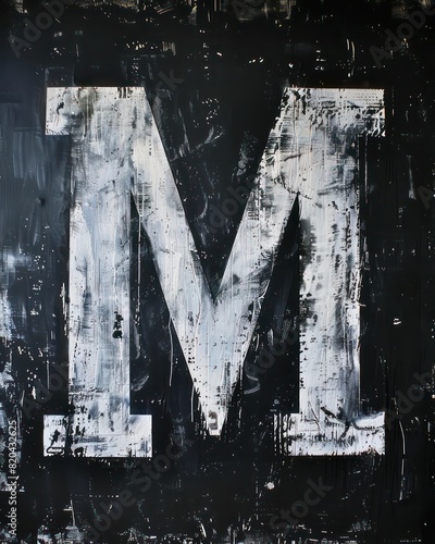 M capital letter, white paint distressed and grunge on a black background photo