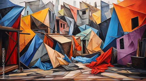 AI generated illustration of a Vibrant cityscape painting showing Homelessness in the city photo