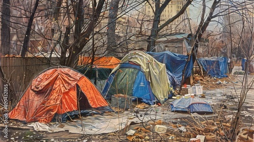 a painting shows a row of tents in the woods near the street photo
