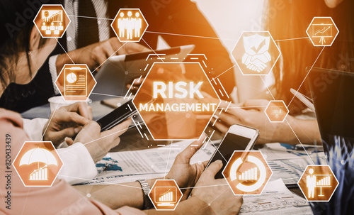 Risk Management and Assessment for Business Investment Concept. Modern interface showing symbols of strategy in risky plan analysis to control unpredictable loss and build financial safety. uds photo