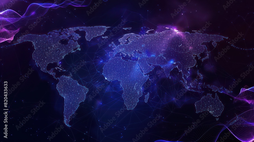 world map made up of dots, modern and technological blue-violet color with shinny lines, dark background