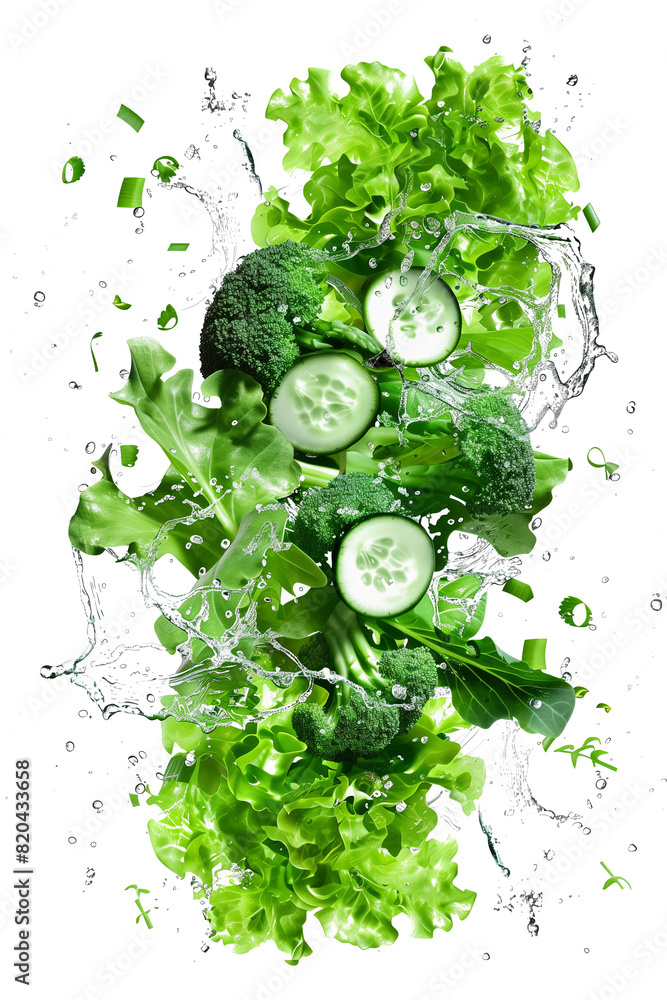 Obraz premium Floating green vegetables with water splash isolated on white background