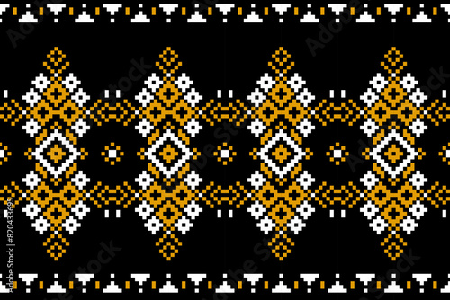 Pixel ethnic pattern, Vector embroidery pattern background, Geometric traditional triangle style, Blue and orange pattern knitting vintage, Design for textile, fabric, batik, kaftan, fibres