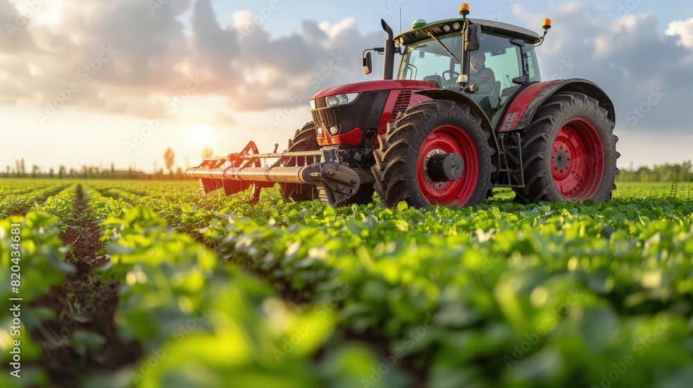 A futuristic plantation landscape filled with high-tech machines aiding in the farming process, featuring refreshing blue and green hues. A futuristic plantation landscape filled with high-tech machines aiding in the farming process, featuring refreshing blue and green hues.