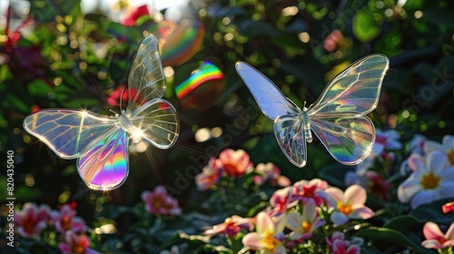 A festive, celebratory backdrop featuring sparkling, glass-like butterflies in red, gold, and green, fluttering across a background of holiday lights. photo