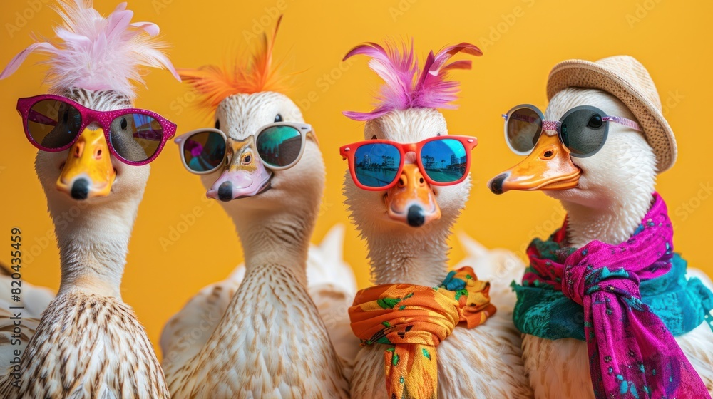 Fototapeta premium A group of ducks in strange clothes Mismatched colorful clothes isolated on bright background advertising, copy space birthday party invitation invitation banner