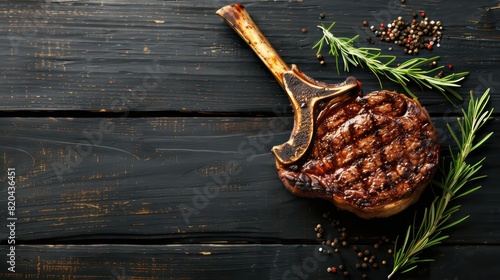 Steak on the bone, tomahawk steak on a black wooden background, appealing and contrast look, top view
 photo