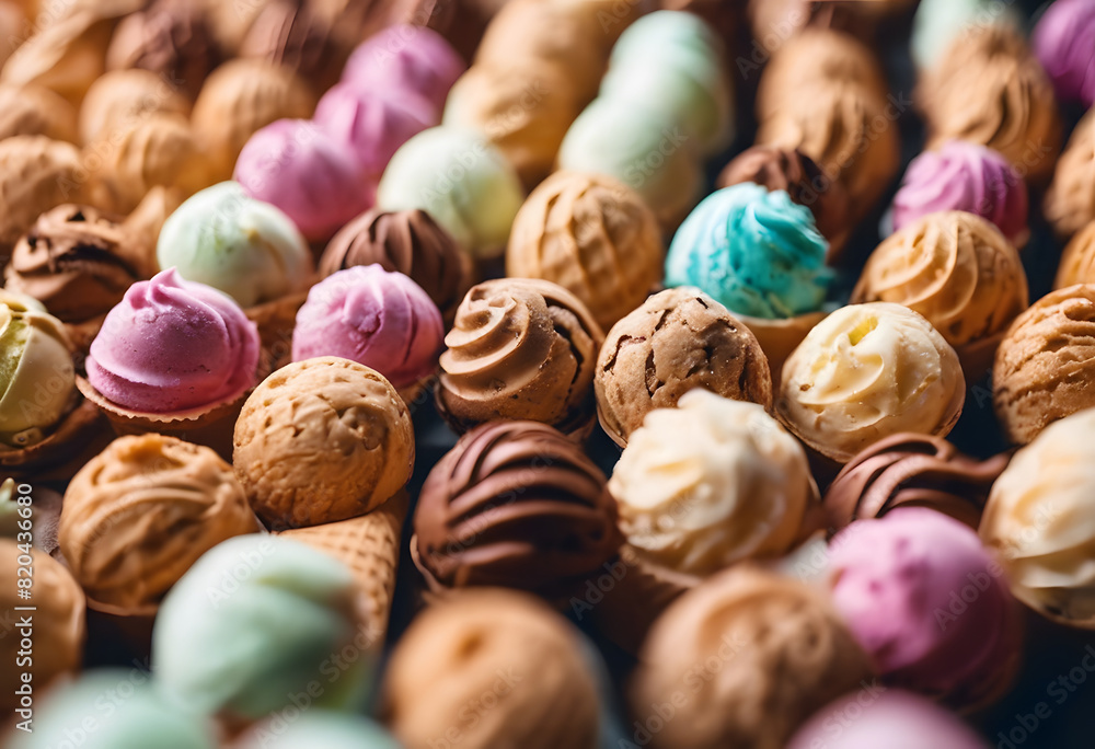 Ice cream with different flavors and toppings, with a blurred background of warm lights. Ice Cream Month. Ice cream with different flavors and toppings, with a blurred background of warm lights. Ice Cream Month.