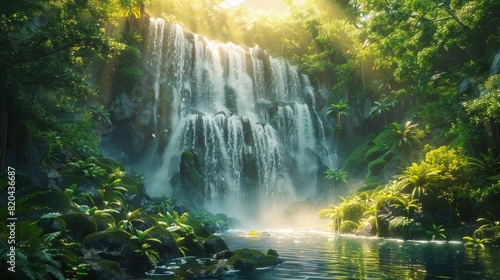 a beautiful waterfall in an exotic jungle location. Lots of greenery, AI Generative © Alisa