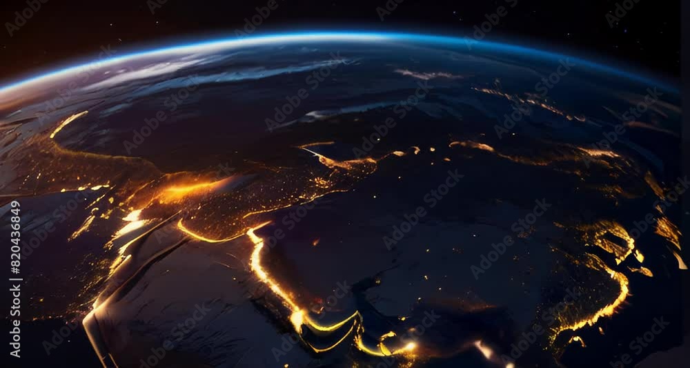 Planet Earth at night in outer space. Surface of the Earth. Sunrise ...