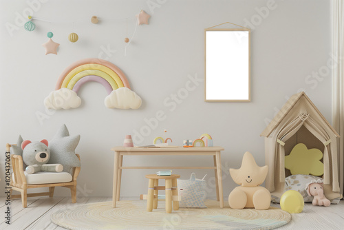 Modern children's room interior with transparent poster frame mockup