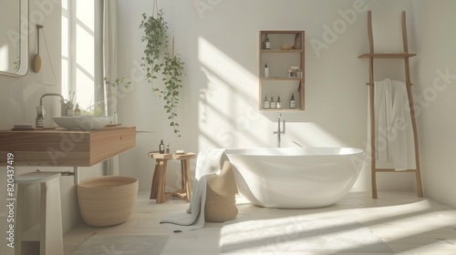 bathroom Muji style decoration with white tones and light wood  AI Generative