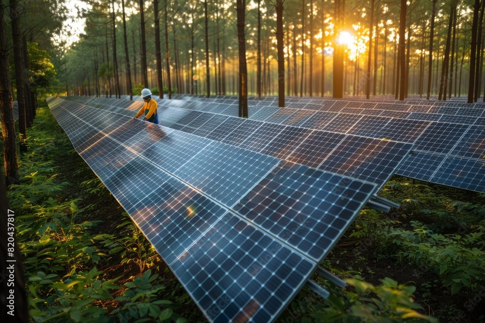 Naklejka premium Solar panel and Solar energy farm. Renewable and green energy