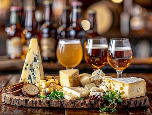 Close-up of a gourmet cheese board paired with different craft beers, beautifully arranged on a dark wooden table, with beer bottles and glasses in the background