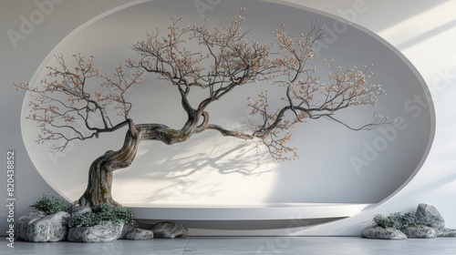 Wallpaper Mural podium with empty tree branch on white bg, with huge background, AI Generative Torontodigital.ca