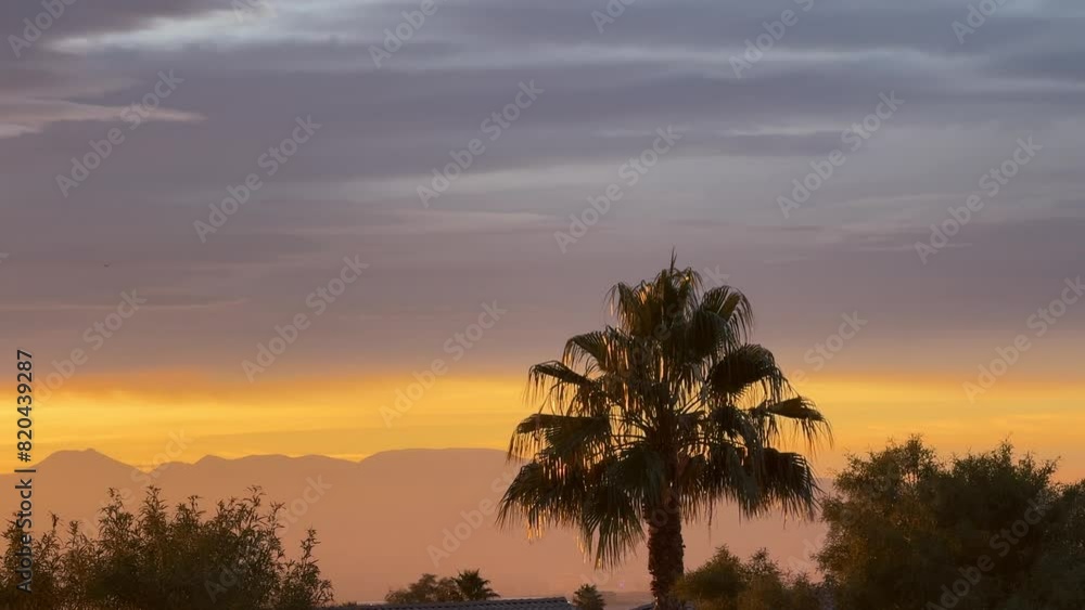 Beautiful Vibrant Sunrise , with Palm Tree and Background Mountains, B-Roll . Beautiful Vibrant Sunrise , with Palm Tree and Background Mountains, B-Roll .