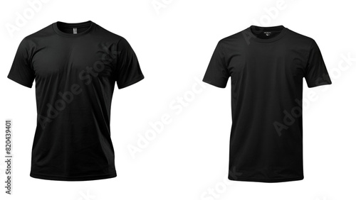 Set of black t shirt round neck front, back and side view on transparent background cutout, PNG file. Mockup template for artwork graphic design. 3D rendering 