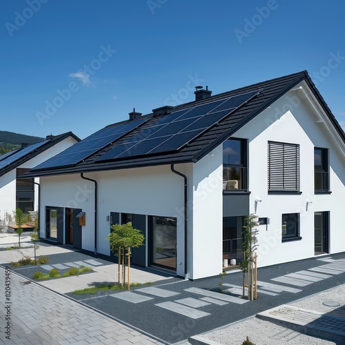 energy house with large windows and solar pannels