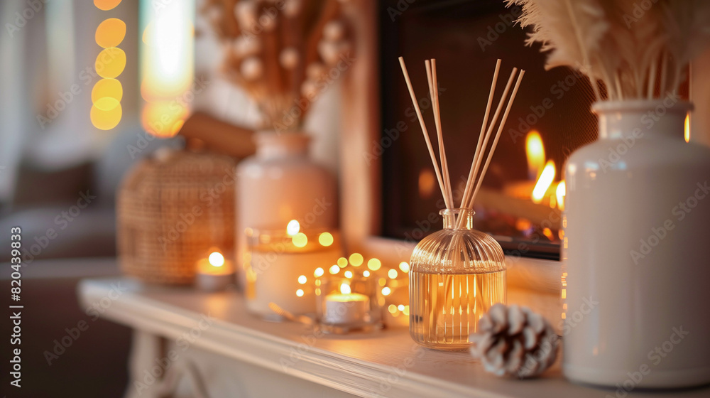 A cozy home setting featuring aromatherapy diffusers and soft lighting, creating a relaxing and welcoming atmosphere