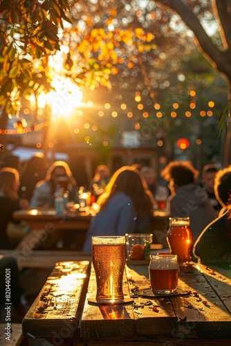 Festive beer garden setting with a community gathering, featuring live folk music, vibrant decorations, and people enjoying beers and food together