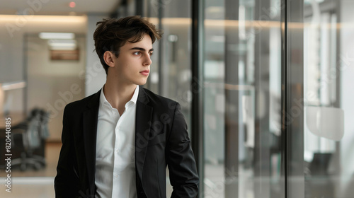 Confident businessman in a modern office on a phone call