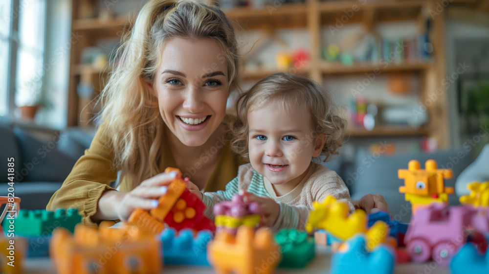 Happy mother and child playing with colorful building blocks in a cozy living room, enjoying quality family time together. Happy mother and child playing with colorful building blocks in a cozy living room, enjoying quality family time together.