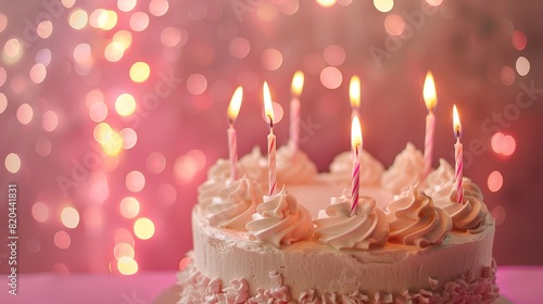 Pink Birthday Cake with Candles and Light Pastel Bokeh Background, Copy Space for Celebration