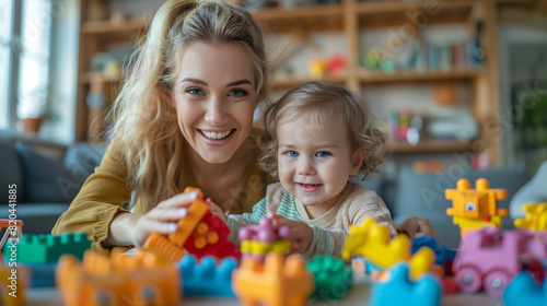 Happy mother and child playing with colorful building blocks in a cozy living room  enjoying quality family time together.