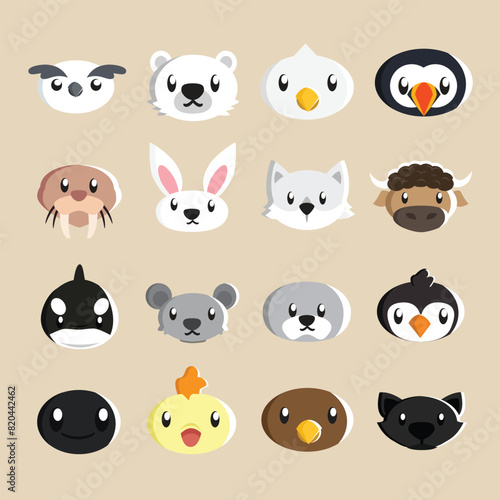 illustration of a collection of various 16 cute arctic animal heads for stickers