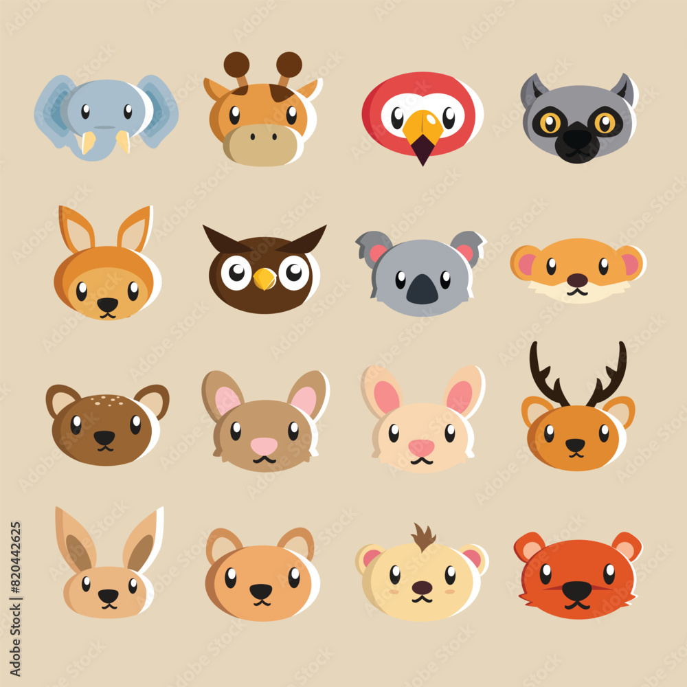 illustration of a collection of various 16 cute big and small animal heads for stickers illustration of a collection of various 16 cute big and small animal heads for stickers