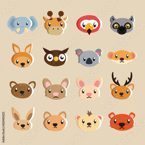 illustration of a collection of various 16 cute big and small animal heads for stickers