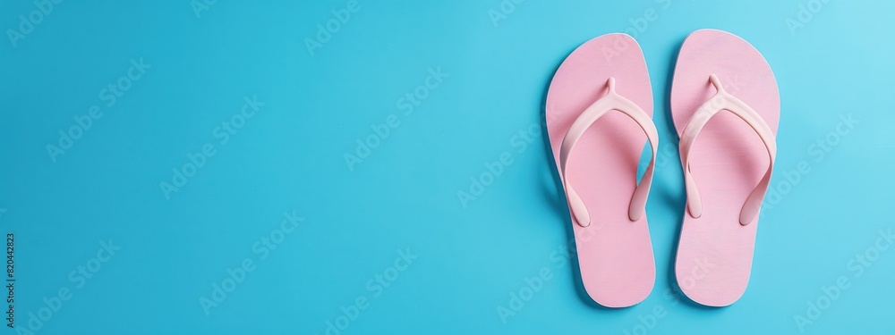Summer Essentials Unveiled: Flip-Flops and Flat-Laid Accessories on Blue Background