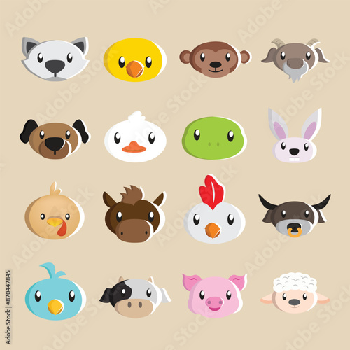illustration of a collection of various 16 cute farm animal heads for stickers