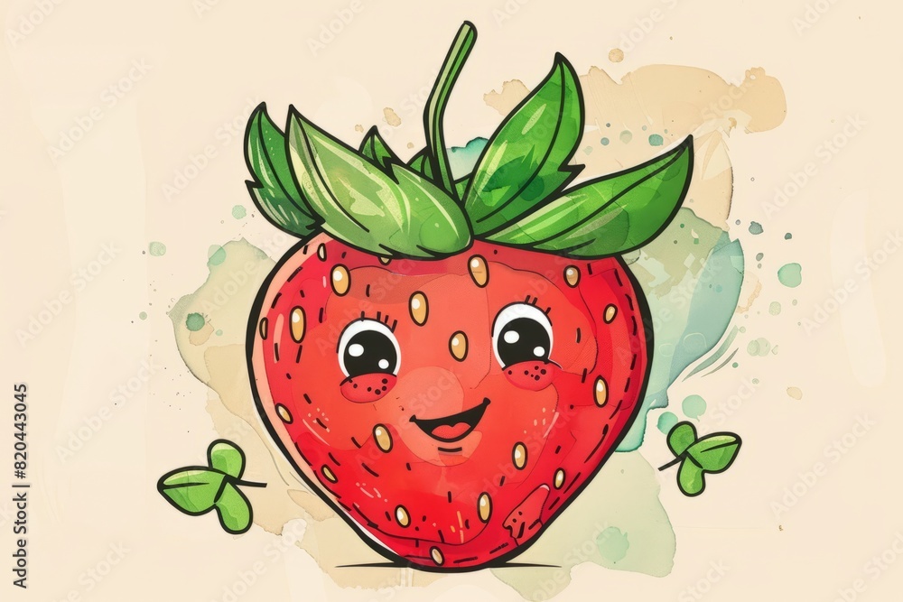 Obraz premium Cartoon cute doodles of a smiling strawberry with googly eyes and a leafy hat, Generative AI