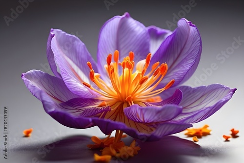 A mesmerizing display of a saffron pistil, delicately suspended in a transparent background, its vibrant hues radiating with an otherworldly glow.