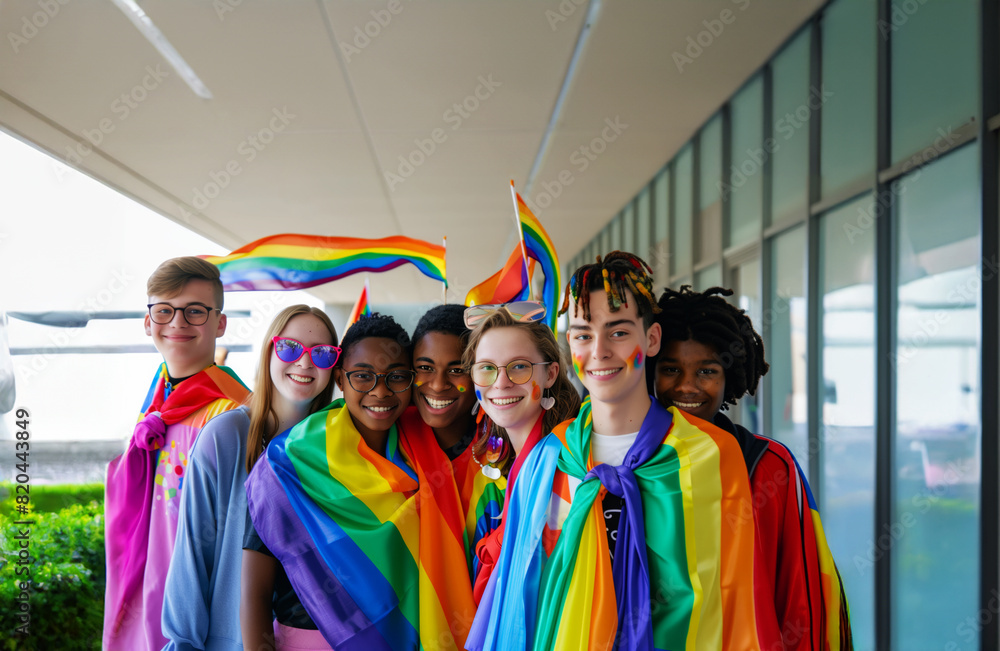 AI Image. Group of the diverse young non-binary people wrapped in LGBTQIA flag having fun together