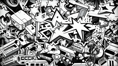 Monochromatic Abstract Pattern of Overlapping Geometric Forms, Exploding Stars, and Industrial Junk, Creating a Vibrant Urban Grunge Backdrop with Dynamic Energy