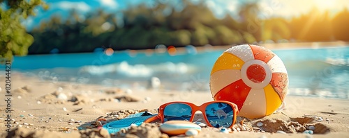 Beach ball  sunglasses and flip flops on a sandy beach.