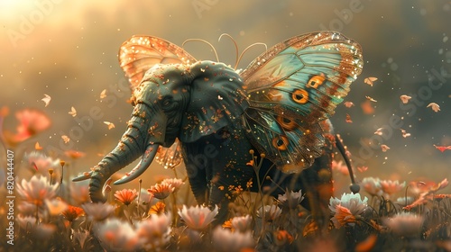 fantasy creature landscape, elephant butterfly with wings, surreal wild animal character, cute monster dance gracefully, field of blooming flowers background. 3d render modern digital art illustration