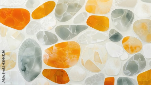 Abstract pattern of rounded pebbles in varying shades of orange, gray, and white, suggesting a smooth, natural, and decorative surface