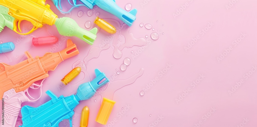 Fototapeta premium Pastel Water Battle: Splashing Fun with Colorful Water Guns