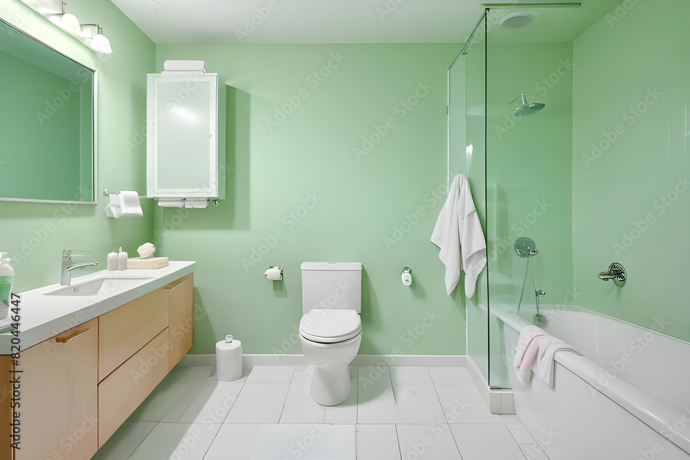 White ceramic sink and toilet near shower and bathtub in modern bathroom with pastel green walls White ceramic sink and toilet near shower and bathtub in modern bathroom with pastel green walls
